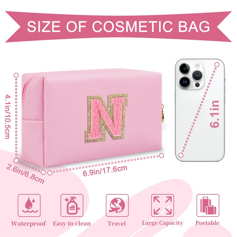 ChaoGreat Personalized Initial A-Z Preppy Patch Makeup Bag Small Pu Leather Chenille Letter Cosmetic Bag With Zipper For Teen Girls Pink Cute Travel Toiletry Bag Birthday Monogrammed Gift For Daughter Letter N - Image 2