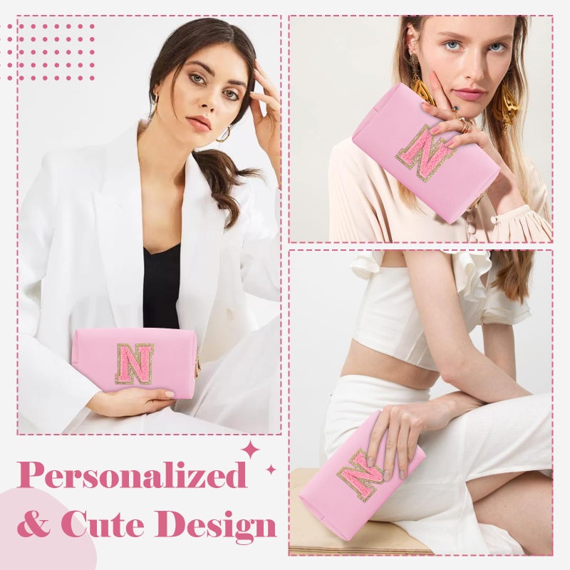 ChaoGreat Personalized Initial A-Z Preppy Patch Makeup Bag Small Pu Leather Chenille Letter Cosmetic Bag With Zipper For Teen Girls Pink Cute Travel Toiletry Bag Birthday Monogrammed Gift For Daughter Letter N - Image 4