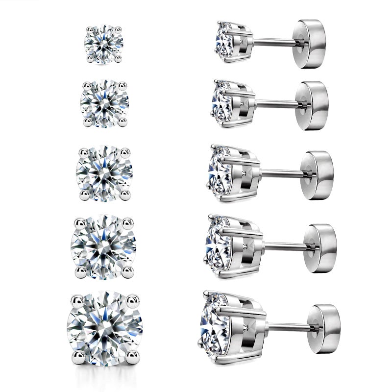 Kainier 5 Pairs 14K White Gold Plated CZ Stud Earrings Flat Back Earrings Simulated Diamond Round Surgical Steel Cubic Zirconia Hypoallergenic Flat Back Ear Stud Set (5 Pairs) - Image 1