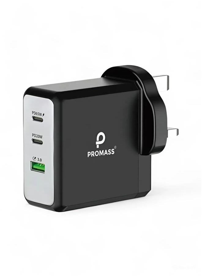 PROMASS - 100W PD GaN Super Fast Wall Charger Compatible with iPhone, Galaxy, Honor, Huawei Series, QC 3.0 with 3 Ports (2 PD Ports - 1 USB A Port) Comes with USB C to Lightning Cable Compatible with iPhone 14 Pro Max/13/12/11/X/8/7 Series - Black - Image 1