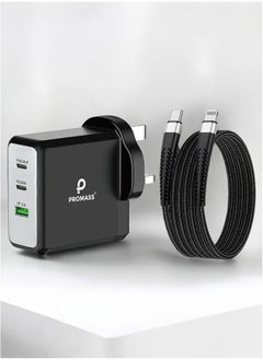 100W PD GaN Super Fast Wall Charger Compatible with iPhone, Galaxy, Honor, Huawei Series, QC 3.0 with 3 Ports (2 PD Ports - 1 USB A Port) Comes with USB C to Lightning Cable Compatible with iPhone 14 Pro Max/13/12/11/X/8/7 Series - Black