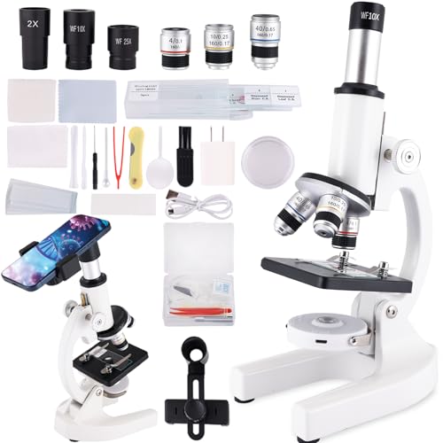 JECONE Microscope for Adults Kids 40X2500X HighPower Compound Microscope for Students School Lab Home SchoolingEquiped with Slides Set Phone Holder Light White - Image 1