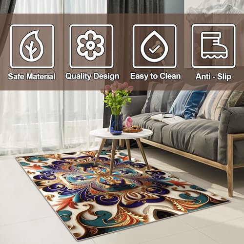 GUG Washable Area Rug, Non-Slip Vintage Hallway Rug Runner with Upgrade Rubber Backing, Stain Resistant Faux Wool Distressed Carpet for Bedroom Kitchen Laundry Corridor Balcony (86" x 63") - Image 3