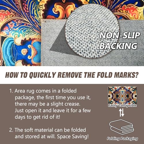 GUG Washable Area Rug, Non-Slip Vintage Hallway Rug Runner with Upgrade Rubber Backing, Stain Resistant Faux Wool Distressed Carpet for Bedroom Kitchen Laundry Corridor Balcony (86" x 63") - Image 2