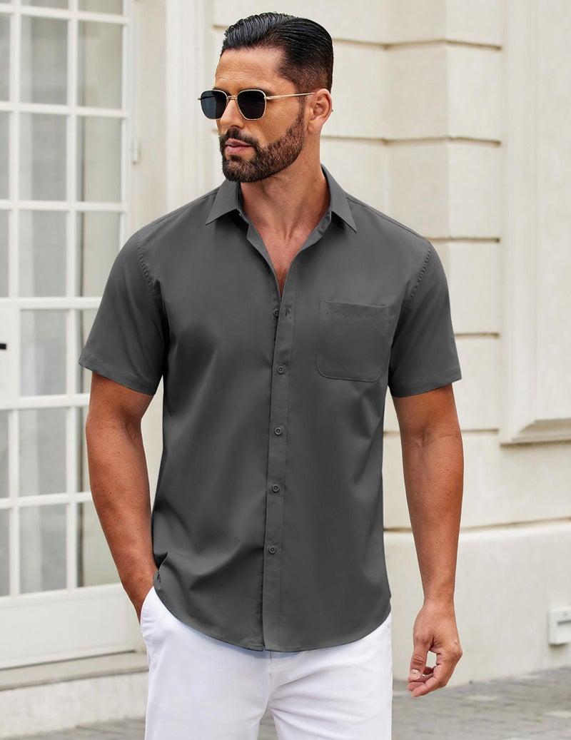 COOFANDY Men's Casual Button Down Shirts Short Sleeve Shirts Lightweight Beach Shirts Dark Grey - Image 2