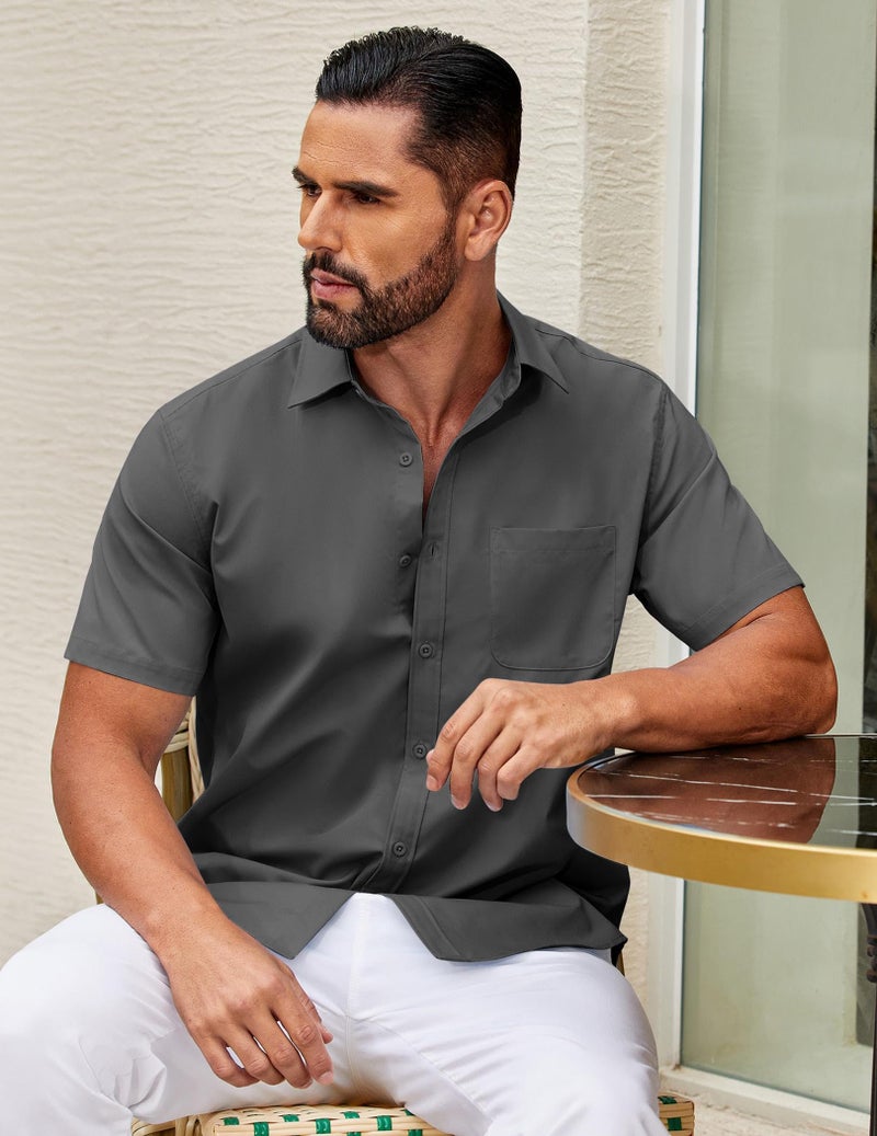 COOFANDY Men's Casual Button Down Shirts Short Sleeve Shirts Lightweight Beach Shirts Dark Grey - Image 3
