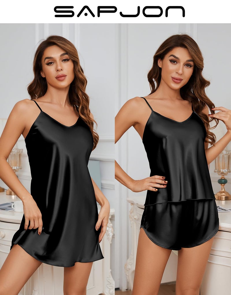 SAPJON Silk Pajamas for Women 5Pcs Sleepwear Loungewear Satin Robe Cami Shorts Pj Set Black - Image 2