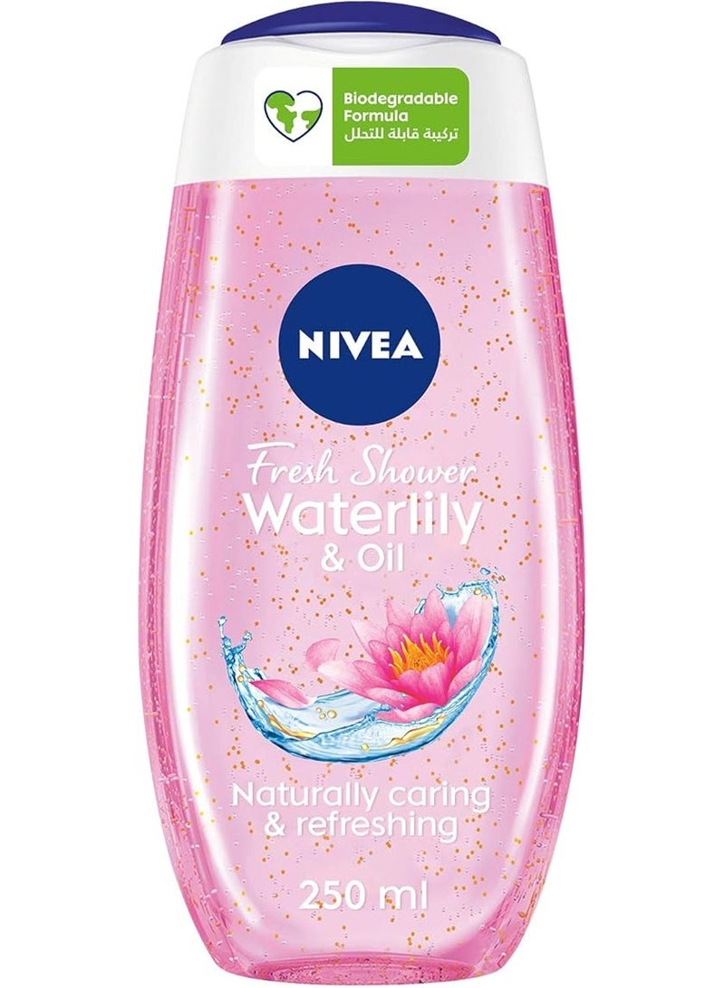 نيفيا غسول الجسم نيفيا جل الاستحمام، منظف برائحة زنبق الماء والزيت مع لآلئ زيت العناية ورائحة زنبق الماء، 250 مل