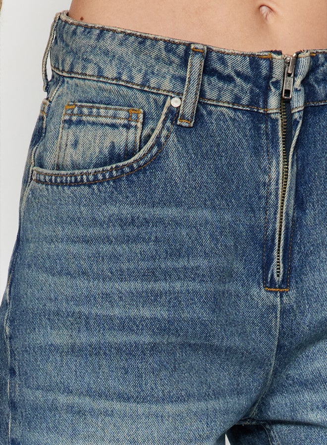 trendyol Blue More Sustainable Faded Effect Vintage Zipper Detail High Waist Wide Leg Jeans - Image 5