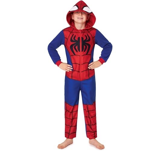 Marvel Spiderman One Piece Pajamas Set Boys Teens Fleece Hooded Jumpsuit Superhero Outfit Loungewear PJs Gifts for Boys 78 Years BlueRed - Image 1
