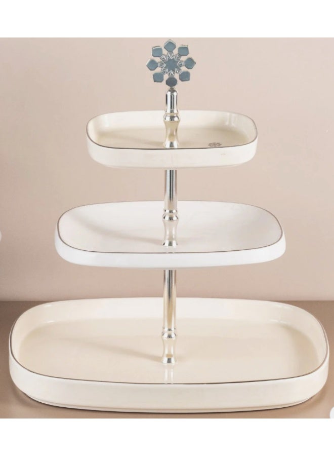 Otantik Mirral Luxury 3-Tier Porcelain Dessert & Cake Stand – White with Silver Finish (30*32 cm) - Image 1
