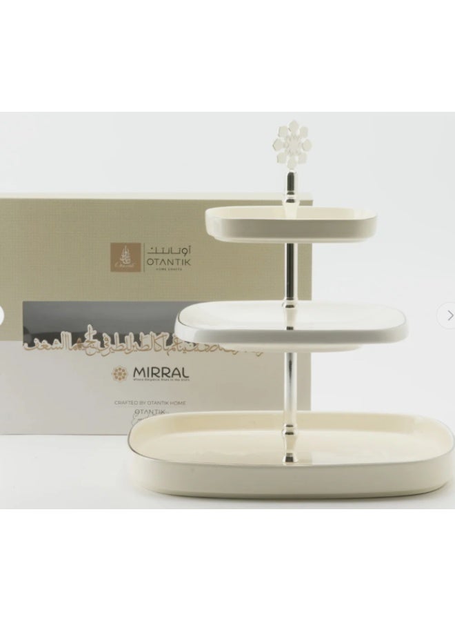 Otantik Mirral Luxury 3-Tier Porcelain Dessert & Cake Stand – White with Silver Finish (30*32 cm) - Image 3