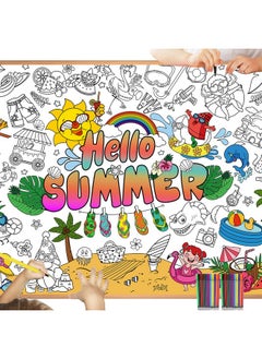 HOWAF Giant Hello Summer Coloring Poster With 24Pcs (24 Colors) Paint Pens Jumbo Summer Coloring Banner For Kids Pool Party Game Activities Supplies Large Hello Summer Coloring Table Cover  - Image 1