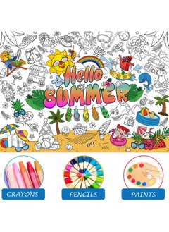 HOWAF Giant Hello Summer Coloring Poster With 24Pcs (24 Colors) Paint Pens Jumbo Summer Coloring Banner For Kids Pool Party Game Activities Supplies Large Hello Summer Coloring Table Cover  - Image 4