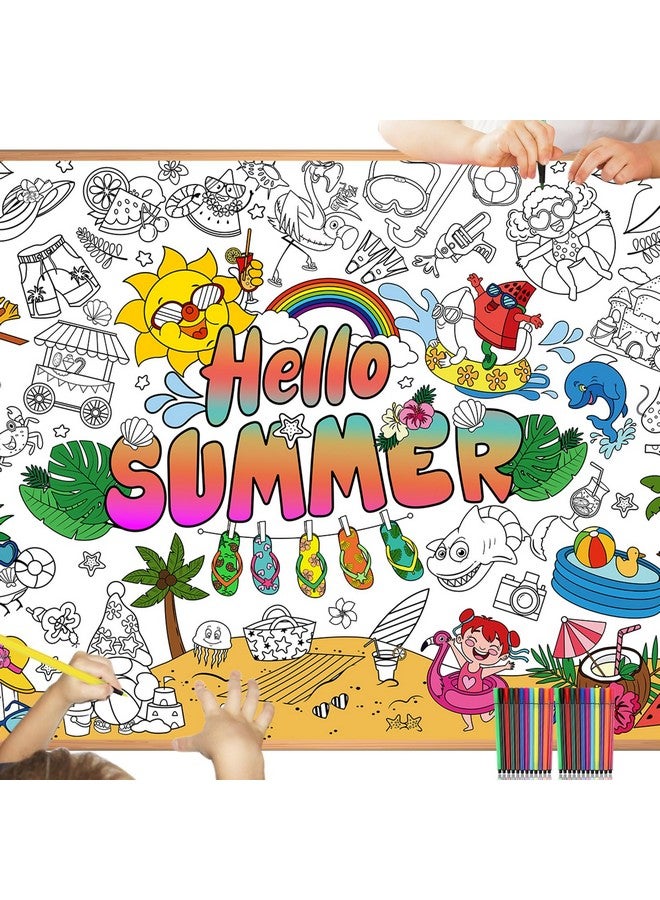 HOWAF Giant Hello Summer Coloring Poster With 24Pcs (24 Colors) Paint Pens Jumbo Summer Coloring Banner For Kids Pool Party Game Activities Supplies Large Hello Summer Coloring Table Cover - Image 2