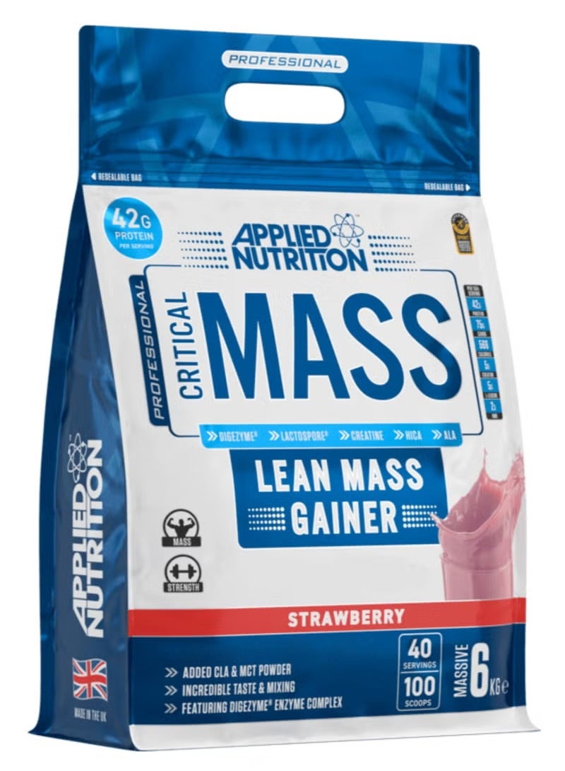 Applied Nutrition أبلايد نيوتريشن كريتيكال ماس بروفيشنال - مسحوق بروتين لزيادة الوزن، زيادة الوزن بالسعرات الحرارية العالية، كتلة هزيلة -6 كجم - 40 وجبة - فراولة - Image 1