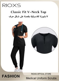RIOXS Unisex Medical Uniform Scrubs, Women And Men Scrubs Set, Professionals Medical Scrubs Short Sleeve Top And Pants For Workwear, Soft Stretch V-Neck Top And Trousers  - Image 3