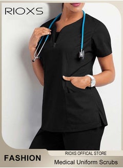 RIOXS Unisex Medical Uniform Scrubs, Women And Men Scrubs Set, Professionals Medical Scrubs Short Sleeve Top And Pants For Workwear, Soft Stretch V-Neck Top And Trousers  - Image 1