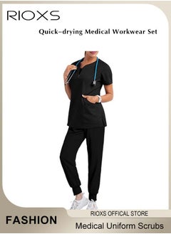 RIOXS Unisex Medical Uniform Scrubs, Women And Men Scrubs Set, Professionals Medical Scrubs Short Sleeve Top And Pants For Workwear, Soft Stretch V-Neck Top And Trousers  - Image 2