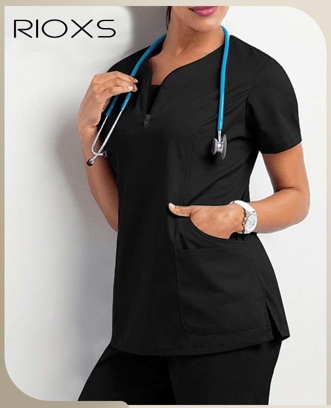 RIOXS Unisex Medical Uniform Scrubs, Women And Men Scrubs Set, Professionals Medical Scrubs Short Sleeve Top And Pants For Workwear, Soft Stretch V-Neck Top And Trousers, Black V-neck Medical Uniform, Hospital Nurse Scrubs Set, Dentist Clinic Uniform Unisex, Pharmacy Technician Workwear - Image 1