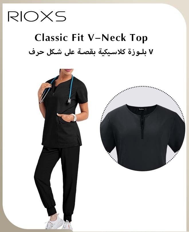 RIOXS Unisex Medical Uniform Scrubs, Women And Men Scrubs Set, Professionals Medical Scrubs Short Sleeve Top And Pants For Workwear, Soft Stretch V-Neck Top And Trousers, Black V-neck Medical Uniform, Hospital Nurse Scrubs Set, Dentist Clinic Uniform Unisex, Pharmacy Technician Workwear - Image 3