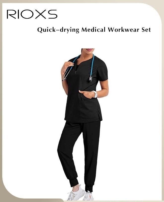 RIOXS Unisex Medical Uniform Scrubs, Women And Men Scrubs Set, Professionals Medical Scrubs Short Sleeve Top And Pants For Workwear, Soft Stretch V-Neck Top And Trousers, Black V-neck Medical Uniform, Hospital Nurse Scrubs Set, Dentist Clinic Uniform Unisex, Pharmacy Technician Workwear - Image 2