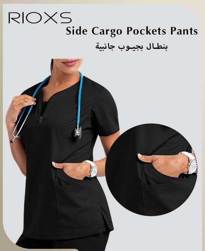 RIOXS Unisex Medical Uniform Scrubs, Women And Men Scrubs Set, Professionals Medical Scrubs Short Sleeve Top And Pants For Workwear, Soft Stretch V-Neck Top And Trousers, Black V-neck Medical Uniform, Hospital Nurse Scrubs Set, Dentist Clinic Uniform Unisex, Pharmacy Technician Workwear - Image 4