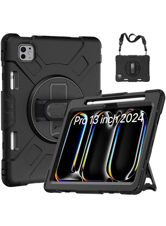 Robustrion for iPad Pro 13 inch Cover Case (M4) 2024 with [Pencil Holder] Armor Shockproof Cover with [Shoulder Strap] and [360 Degree Rotating Hand Strap and Stand] for iPad Pro 13 inch M4 - Black - Image 1