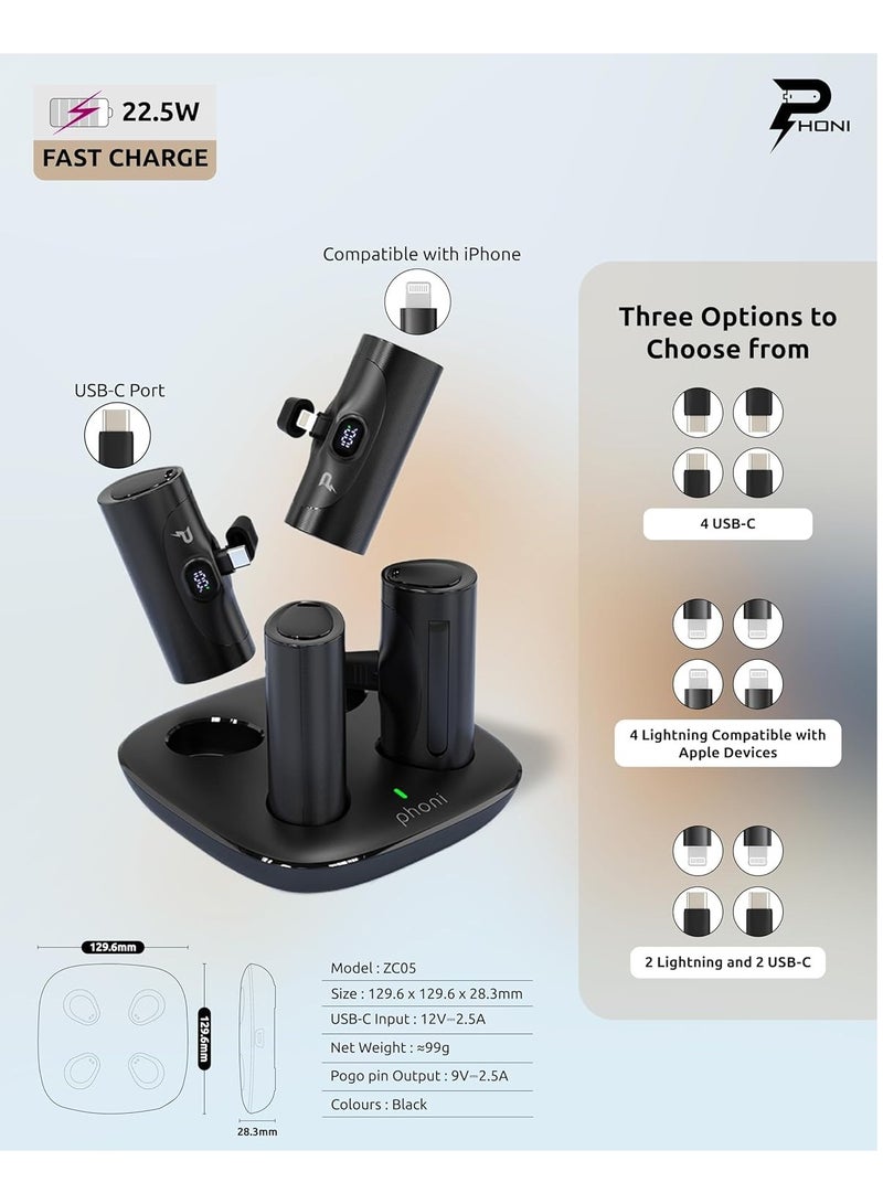 Phoni محطة باور بانك 4 في 1 من فوني، 5000 مللي أمبير، 4 قطع، شاحن محمول مع شاشة مدمجة وحامل متوافق مع Lightning لهاتف iPhone 15/14، وSamsung S24/S23/S22 وHuawei، وXiaomi - Image 3