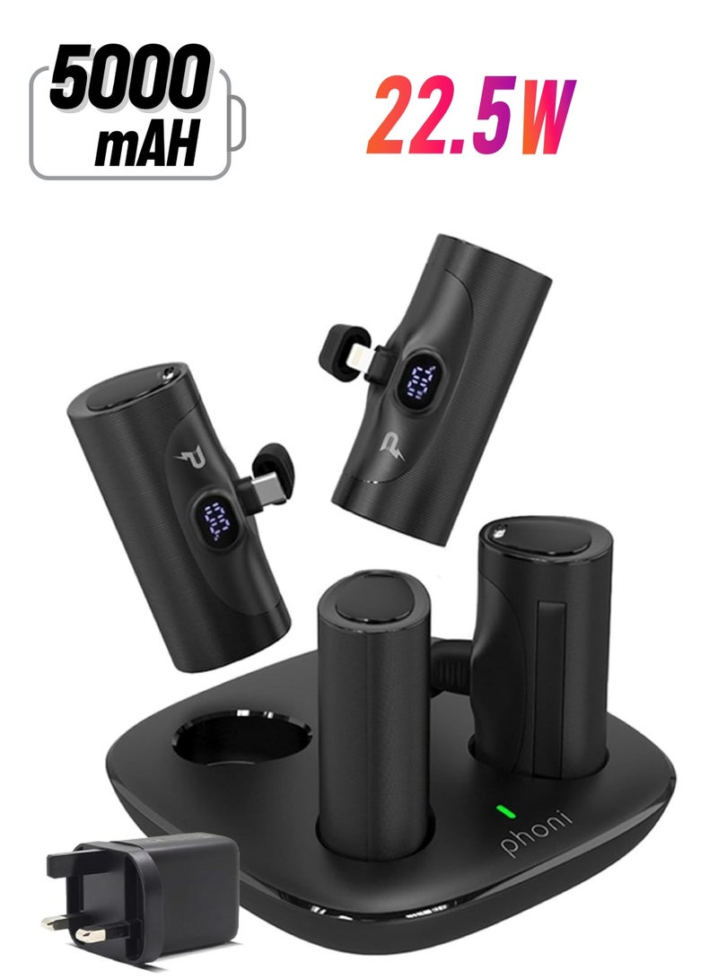 Phoni محطة باور بانك 4 في 1 من فوني، 5000 مللي أمبير، 4 قطع، شاحن محمول مع شاشة مدمجة وحامل متوافق مع Lightning لهاتف iPhone 15/14، وSamsung S24/S23/S22 وHuawei، وXiaomi - Image 1