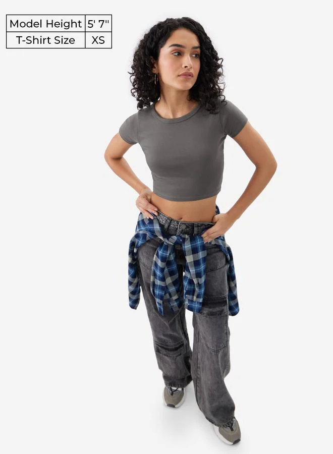 The Souled Store Grey Fitted Crop T-Shirt