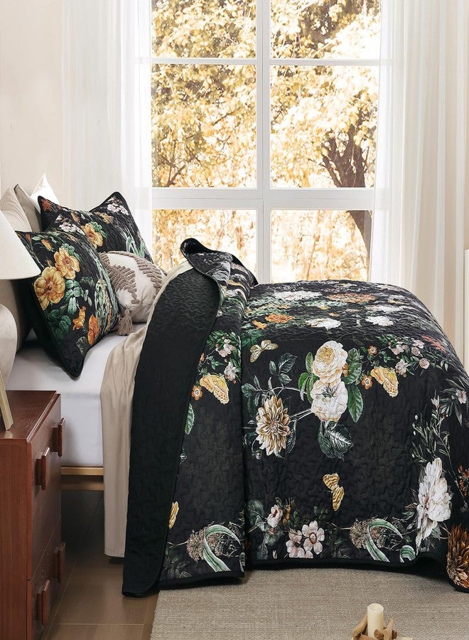 Anibedding Floral Quilt Set Queen Size, 3Pieces Black Microfiber Lightweight Besspread for Bedroom Living Room All Season Use - Image 5