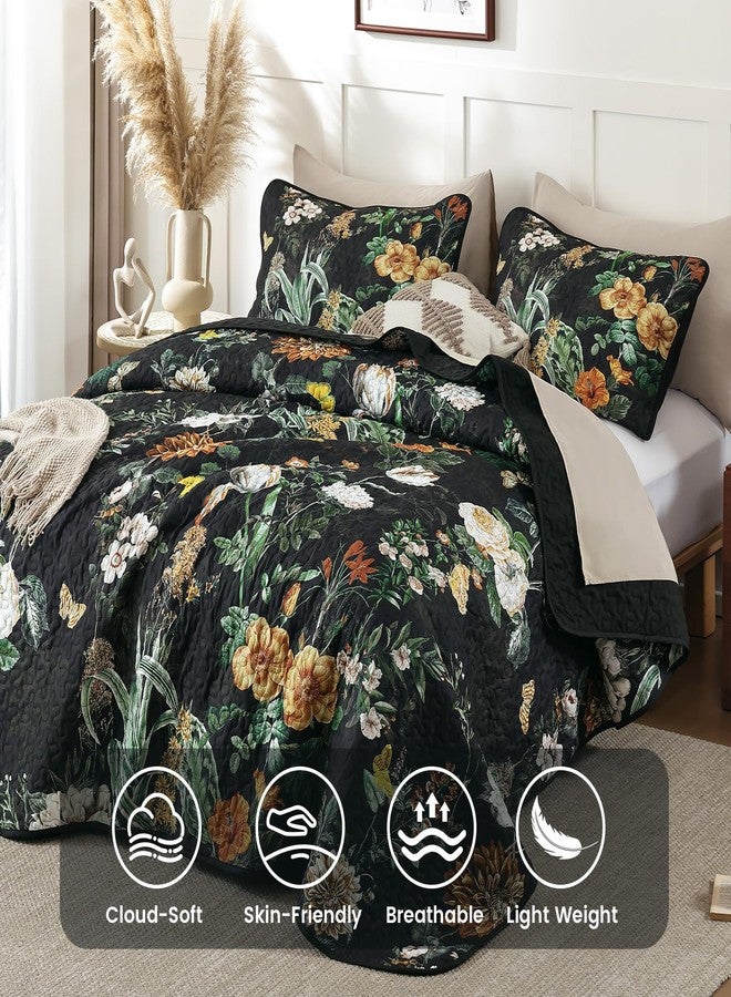 Anibedding Floral Quilt Set Queen Size, 3Pieces Black Microfiber Lightweight Besspread for Bedroom Living Room All Season Use - Image 3