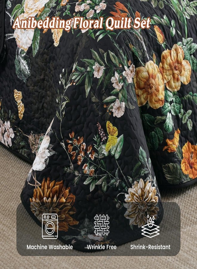 Anibedding Floral Quilt Set Queen Size, 3Pieces Black Microfiber Lightweight Besspread for Bedroom Living Room All Season Use - Image 4