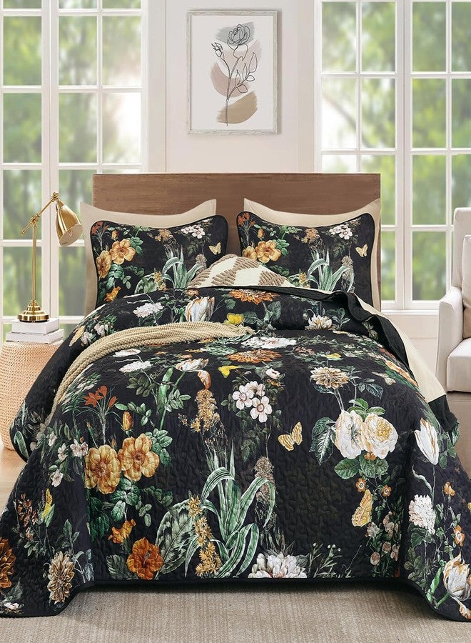 Anibedding Floral Quilt Set Queen Size, 3Pieces Black Microfiber Lightweight Besspread for Bedroom Living Room All Season Use - Image 1