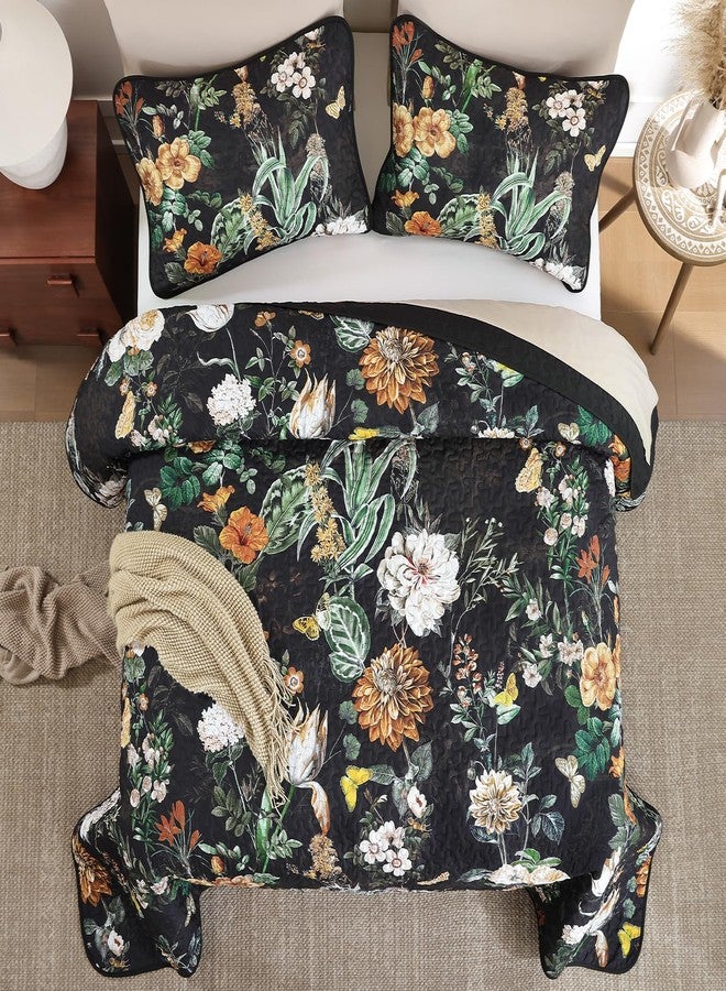 Anibedding Floral Quilt Set Queen Size, 3Pieces Black Microfiber Lightweight Besspread for Bedroom Living Room All Season Use - Image 2