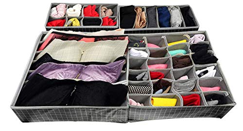 House of Quirk Foldable Storage Box Drawer Divider Organizer Closet Storage for Socks Bra Tie Scarfs - Beige,Set of 4,Standard,34 x 31 x 4 Cms, Fabric, Clothing - Image 5