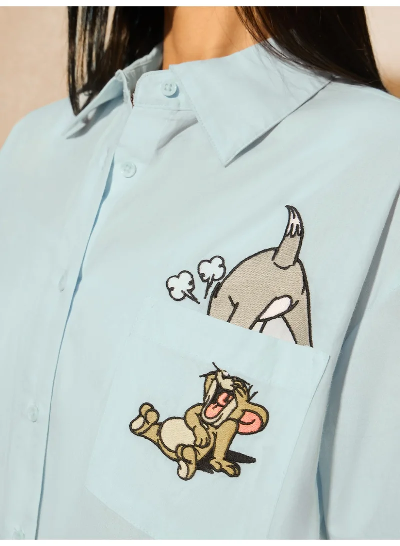 The Souled Store The Souled Store Women Tom & Jerry Light Blue Embroidered Oversized Shirts