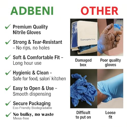 adbeni Nitrile Gloves | Food Handling | Disposable | Powder Free | Premium | Medical Examination, Kitchen, Cleaning, Cooking, Salon, Spa, Gardening, Travel, Grooming | Soft & Comfortable | Pack of 50 - Image 2