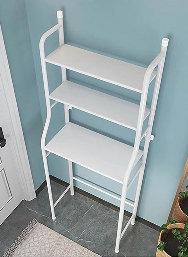 RollsTimi  3-Tier Floor-Standing Over Toilet Storage Cabinet, Metal Bathroom Organizer with Removable Towel Hooks and Toilet Paper Holder, White - Image 2