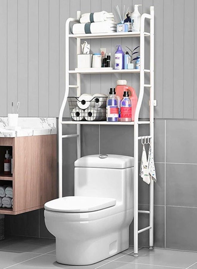 RollsTimi  3-Tier Floor-Standing Over Toilet Storage Cabinet, Metal Bathroom Organizer with Removable Towel Hooks and Toilet Paper Holder, White - Image 4