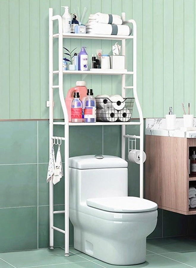 RollsTimi  3-Tier Floor-Standing Over Toilet Storage Cabinet, Metal Bathroom Organizer with Removable Towel Hooks and Toilet Paper Holder, White - Image 3