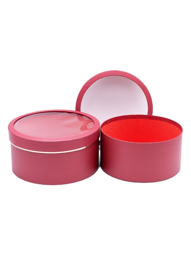 Gulf Flowers Gulf Flowers Red Flower Box with Window Lid – 2pcs Round Gift Boxes for Flowers, Chocolates & Arrangements – Elegant Decorative Packaging for Gifting, Hampers, Bouquets – D25xH12 & D23xH11cm 