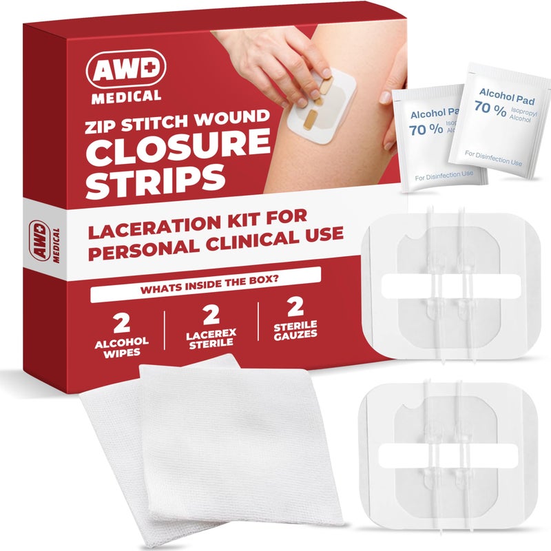 AWD Medical AWD Zip Stitch Wound Closure Strips - 2 Zipstitch Devices, 2 Sterile Gauzes, 2 Alcohol Wipes - Emergency Laceration Device for Cuts Without Stitches - Steri Strips First Aid & Survival - Image 1