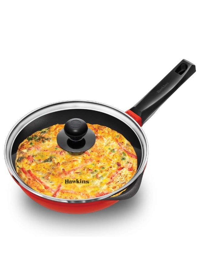 Hawkins Pressure Die Cast Non Stick 22 cm Fry pan with Glass Lid, ceramic coating, Induction Compatible (IDCF22G), Red - Image 1