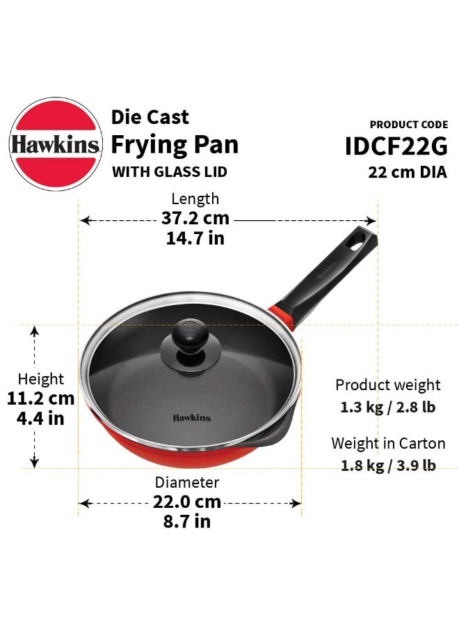Hawkins Pressure Die Cast Non Stick 22 cm Fry pan with Glass Lid, ceramic coating, Induction Compatible (IDCF22G), Red - Image 3
