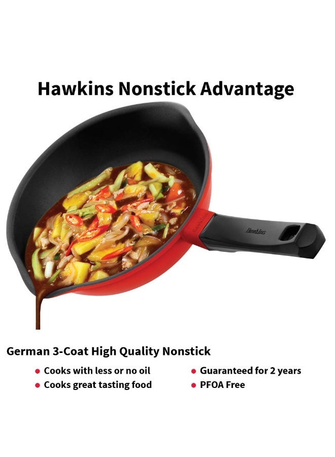 Hawkins Pressure Die Cast Non Stick 22 cm Fry pan with Glass Lid, ceramic coating, Induction Compatible (IDCF22G), Red - Image 4