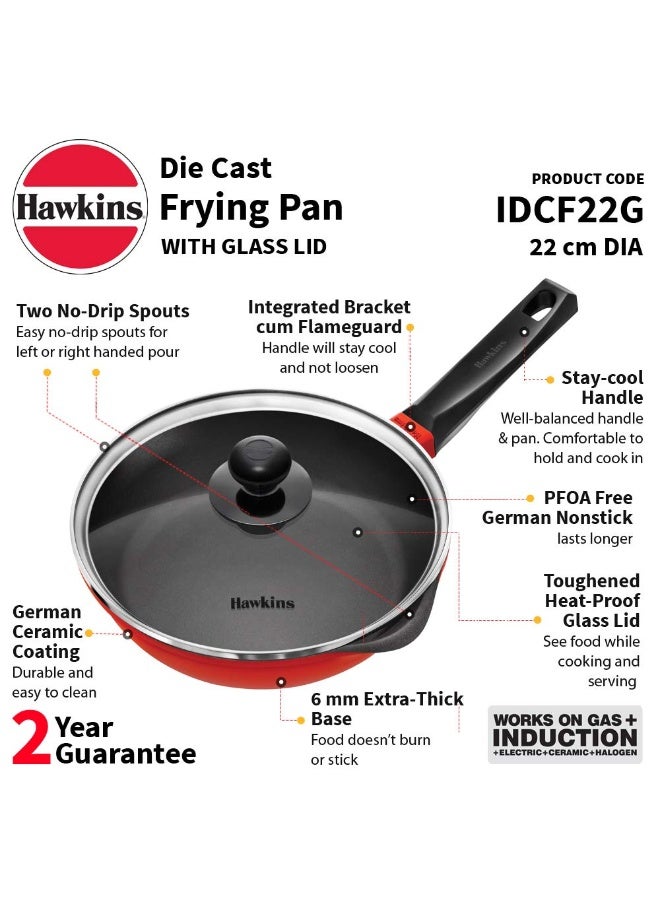 Hawkins Pressure Die Cast Non Stick 22 cm Fry pan with Glass Lid, ceramic coating, Induction Compatible (IDCF22G), Red - Image 2