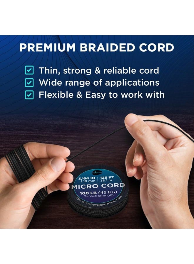 TECEUM Micro Paracord – Black – 1.18 mm x 125 ft – Micro Utility Cord – Thin Braided Paracord Rope Nylon Polyester – Wind Chime Replacement – Survival Strong String 016c - Image 3