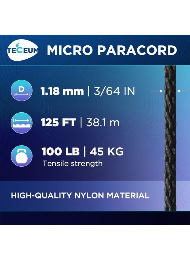 TECEUM Micro Paracord – Black – 1.18 mm x 125 ft – Micro Utility Cord – Thin Braided Paracord Rope Nylon Polyester – Wind Chime Replacement – Survival Strong String 016c - Image 2